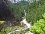 Looking down at the Mist Trail and the rushing Merced River from atop Vernal Falls