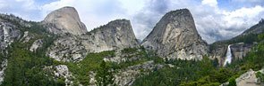The back/southeast side of Halfdome (L), Mt. Broderick and Liberty Cap above Nevada Falls from the John Muir Trail