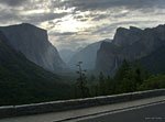 Dawn at the Pohono trailhead at Wawona Tunnel Overlook. At left, El Capitan, at right Bridalveil Falls.