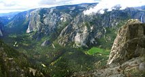 After a brief shower and hailstorm, the clouds parted and the sun lit up the valley once again. On the left is El Capitan, at right is Yosemite Falls. 