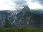 The summit of Halfdome wrapped in low clouds. Sadly, a man died here about the same time as this picture was made. 
