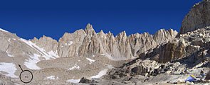 Morning of day 2, hikers start up the infamously steep 97 switchbacks. Mt. Whitney is out of frame to the right