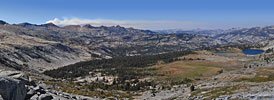 Luckily, the winds are taking the smoke away north and I can enjoy this massive meadow basin on the north side of Post Peak Pass. You can see a bit of Turner Lake where the trees end (L) and also the trail straight across the meadow.
