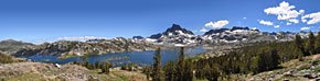 A pair of backpackers (left) admire the view of Thousand Island Lake from the John Muir Trail 