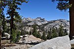 JMT hikers admiring a ridge of peaks in the Cathedral Range
