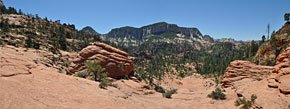Two miles in, this panorama south and east as we exit a pine forest and cross a slickrock landscape.