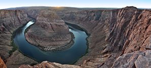 Sunset at Horseshoe Bend near Page AZ. It's 1000 ft. down to the Colorado River