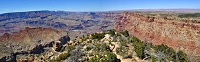 The Grand Canyon of the Colorado River from the east side of the South Rim. The river runs east (right) to west (left) in the center.