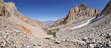 In this view east, you can see how the high layered walls of Taboose Pass appear deceptively impassible from below.
