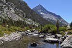 After crossing the John Muir Trail comes cross-country route-finding through the scrub trying to locate bits of the old JMT along the stream. Arrow Peak above the S. Fork of Kings River.