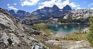 Ediza Lake from the east. From L-R, the Minarets, Mt.Ritter & Banner Pk
