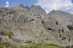 Hikers inch their way down the steep north side cliff between Cecile & Minaret Lakes