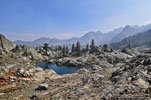 The rocky shores of Minaret Lake, my campsite in the center