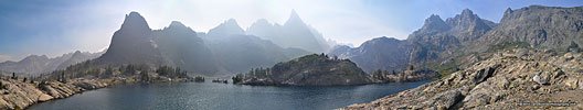 The haze from a wildfire in Yosemite adds a moody touch to Minaret Lake