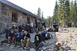 Exhausted summiteers from many different groups, including several women, squeeze into every available shady seat at the Sierra Club cabin at Horse Camp. We all know exactly how everyone else is feeling right now! It's still 1.5 more hours down to the trailhead